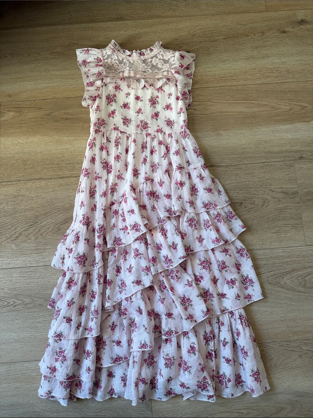 Girls Pink Floral Tiered Maxi Dress with Lace Yoke